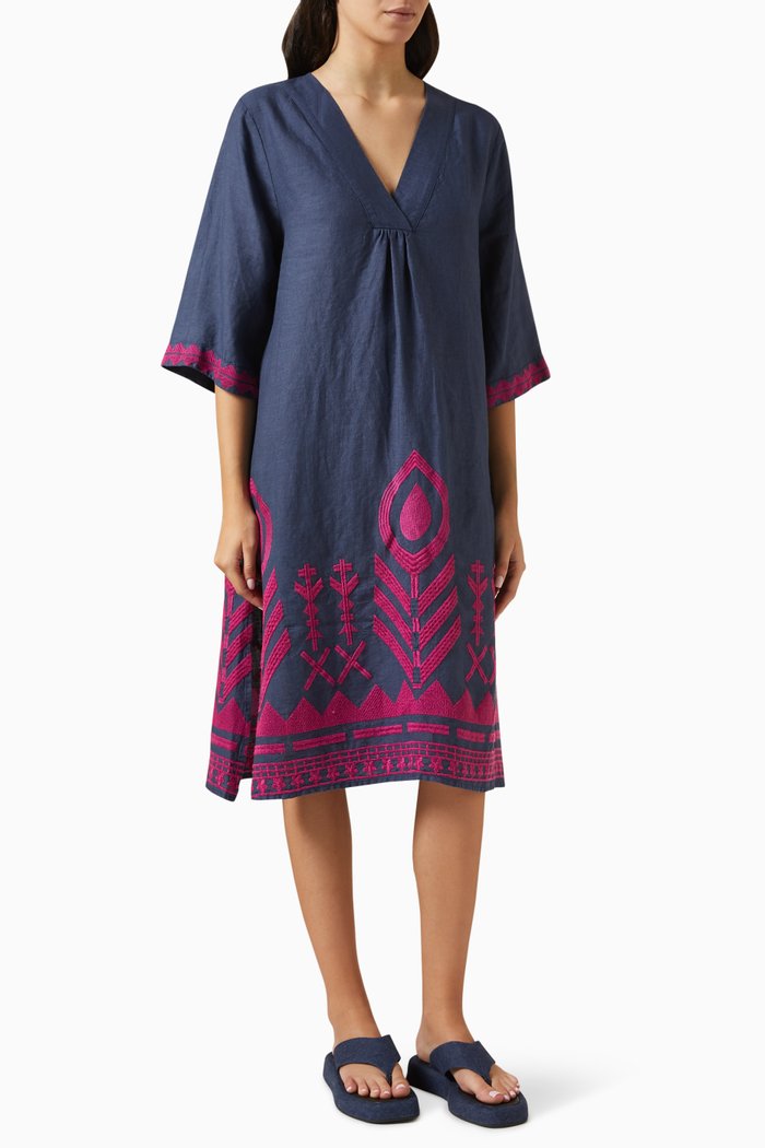 

Embroidered Feather V-neck Dress in Linen, Blue