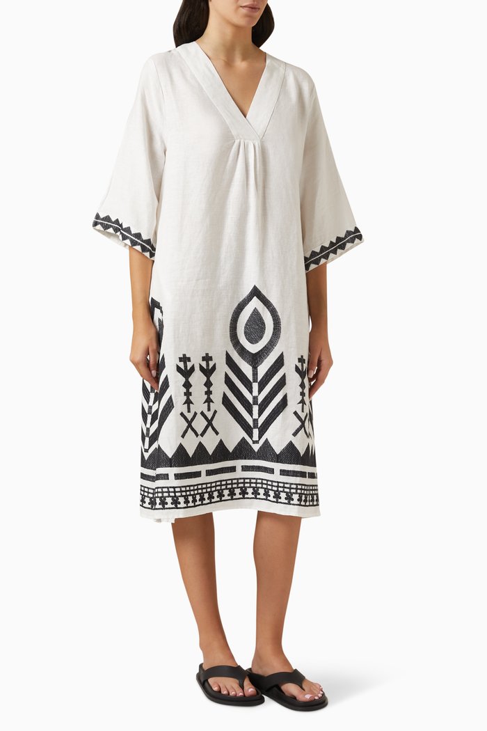 Embroidered Feather V-neck Dress in Linen, White