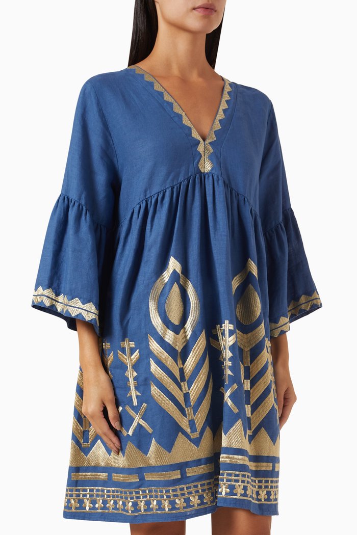 

Embroidered Feathers Mini Dress in Linen, Blue