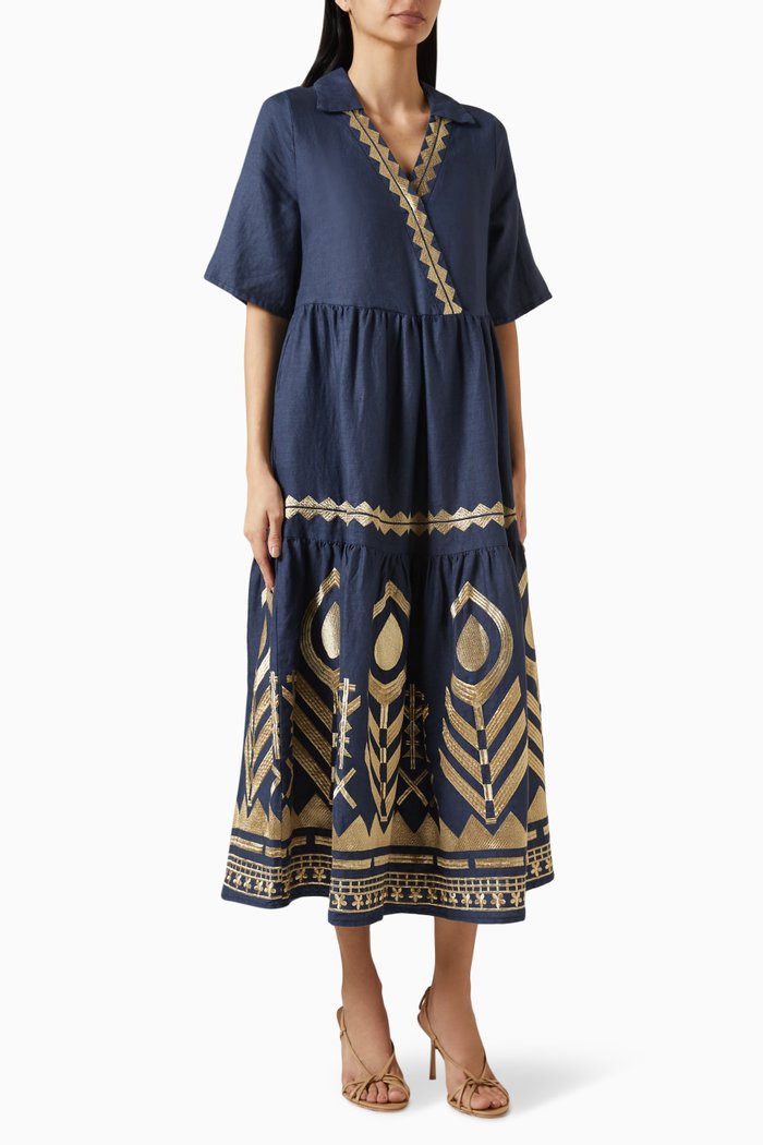 

V-neck Embroidered Midi Dress in Linen, Blue