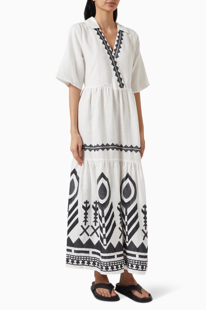 

V-neck Embroidered Midi Dress in Linen, White