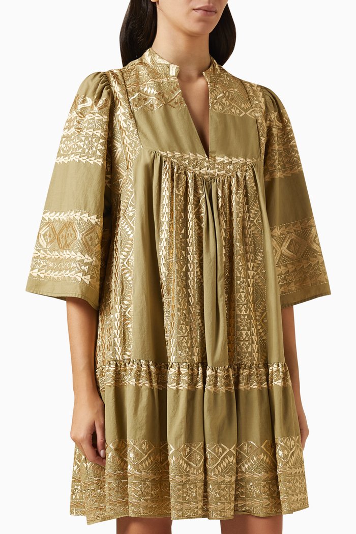 

Embroidered Short Sleeved Mini Dress in Cotton, Green