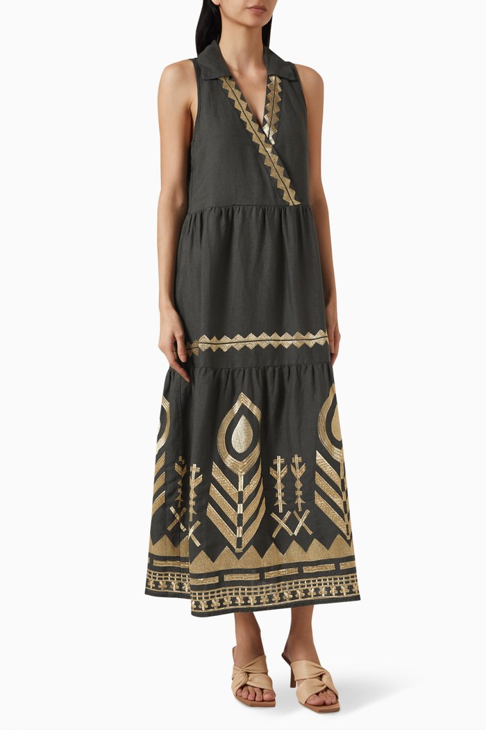 

Embroidered Feather Maxi Dress in Linen, Neutral