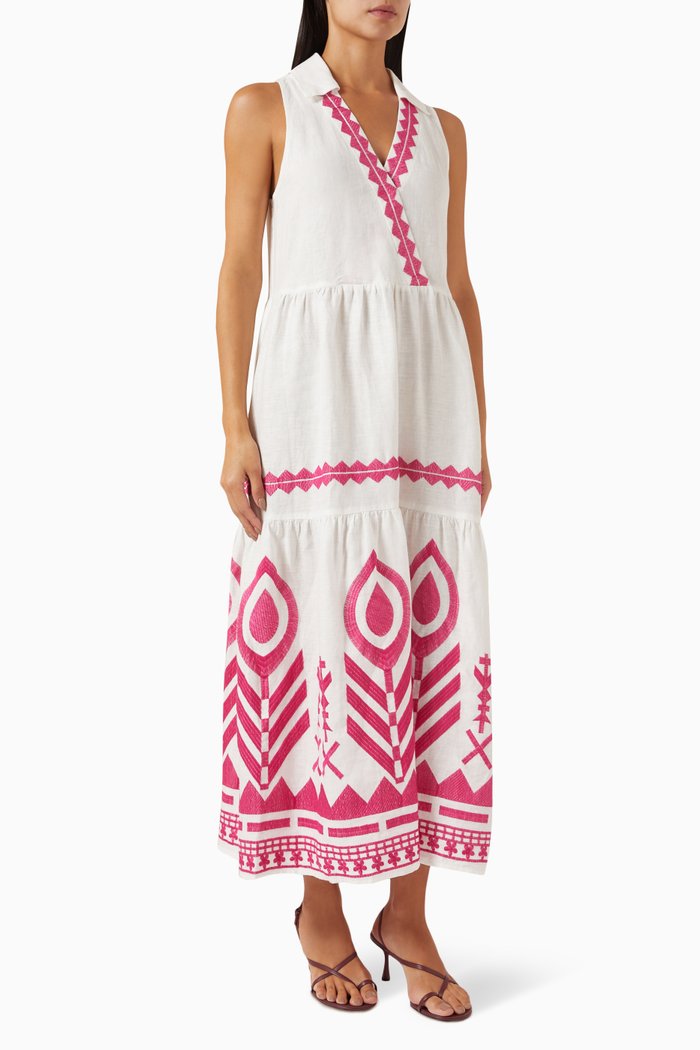

Embroidered Feather Maxi Dress in Linen, Red