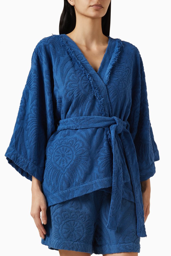 Short Kimono in Cotton Jacquard, Blue