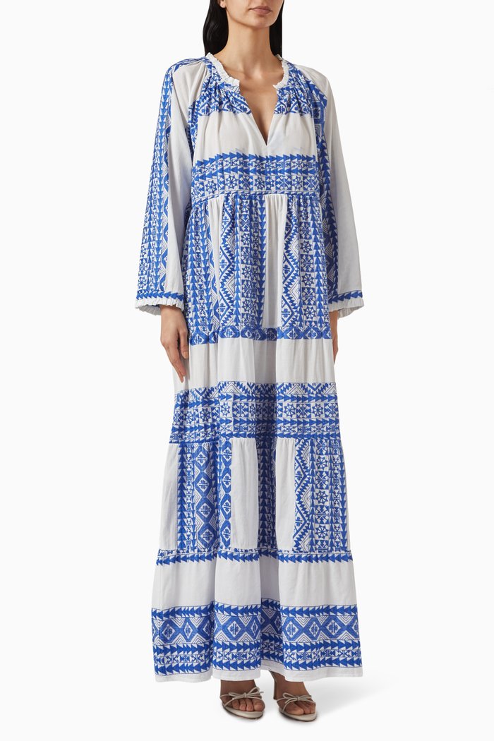 

Embroidered Maxi Dress in Cotton, Blue