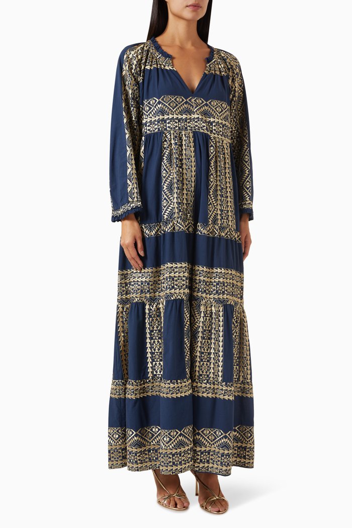 

Embroidered Maxi Dress in Cotton, Blue