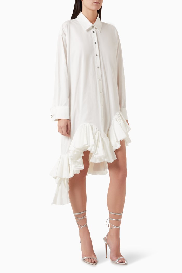 

Asymmetric Frill Oversized Shirt Dress in Cotton, White