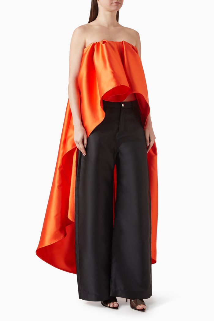 

Pleated Strapless Long Back Top in Mikado, Orange