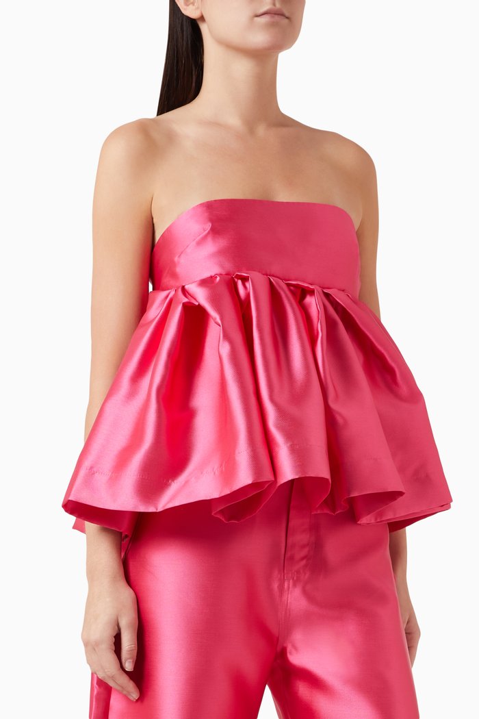 

Strapless Peplum Top in Satin, Pink