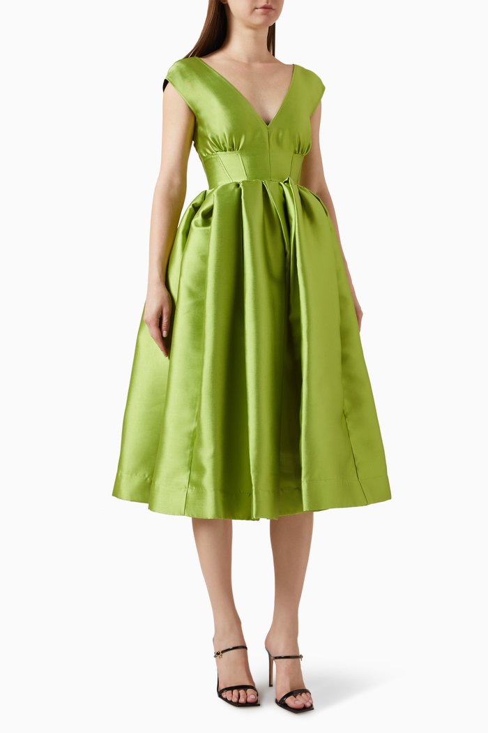 

V-neck Pleated Midi Dress in Mikado, Green
