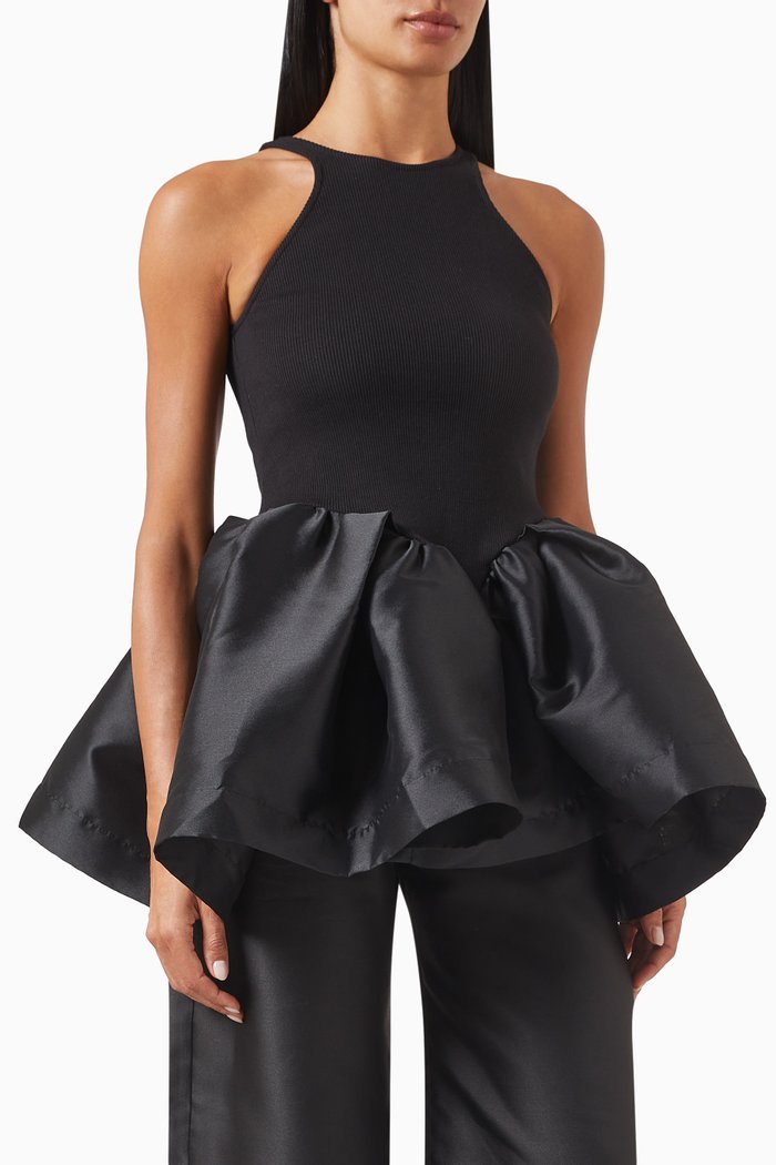 

Peplum Tank Top in Rib-knit Jersey, Black