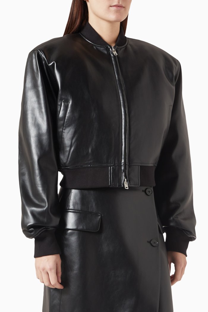 

Micky Crop Bomber Jacket in Faux Leather, Black