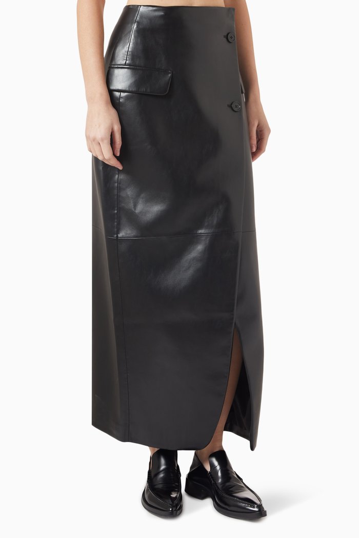 Nan Cross Maxi Skirt in Faux Leather, Black