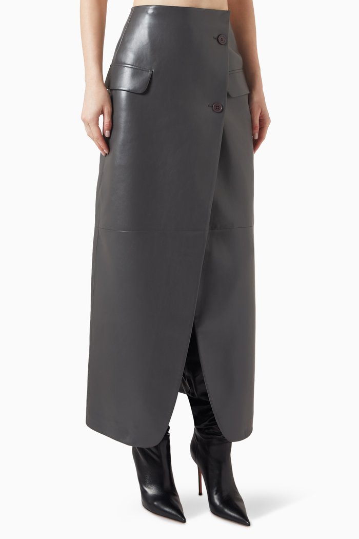 

Nan Cross Maxi Skirt in Faux Leather, Grey