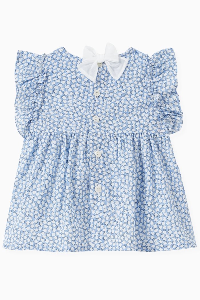 

Two-piece Floral-print Ruffled Dress Set in Cotton, Blue