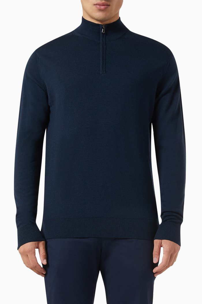 Zip-neck Sweater in Merino-wool Knit, Blue
