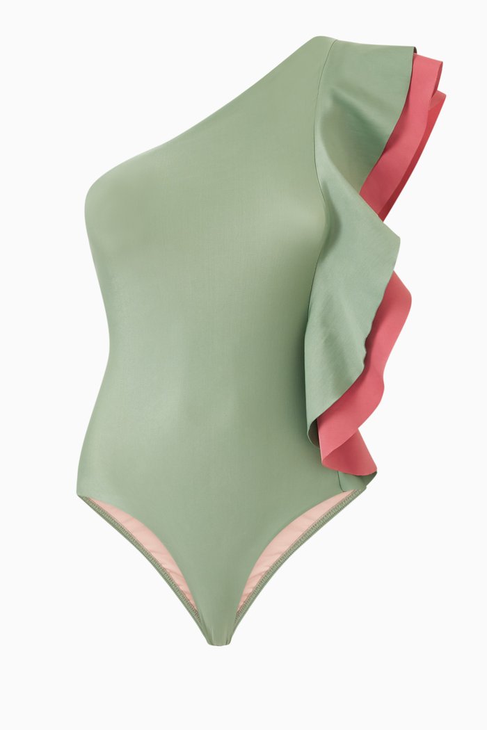 

Ruffled One-piece Swimsuit in Stretch Nylon, Green