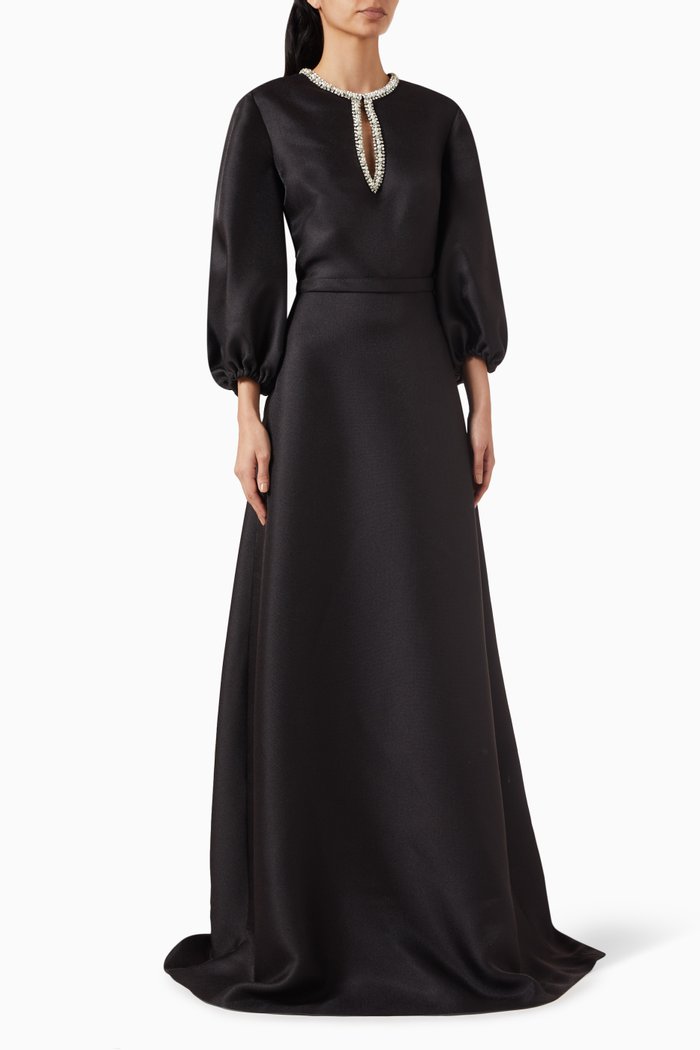 Embellished Neck Gown in Mikado Piqué, Black