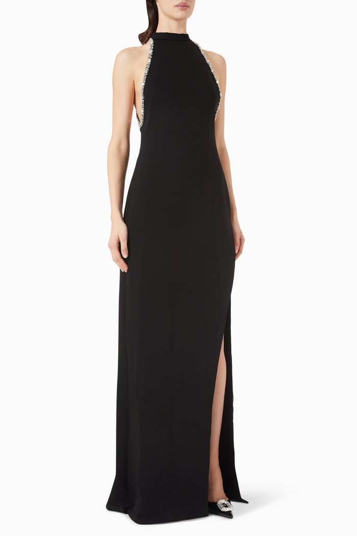 

Beaded Halterneck Gown in Crepe, Black