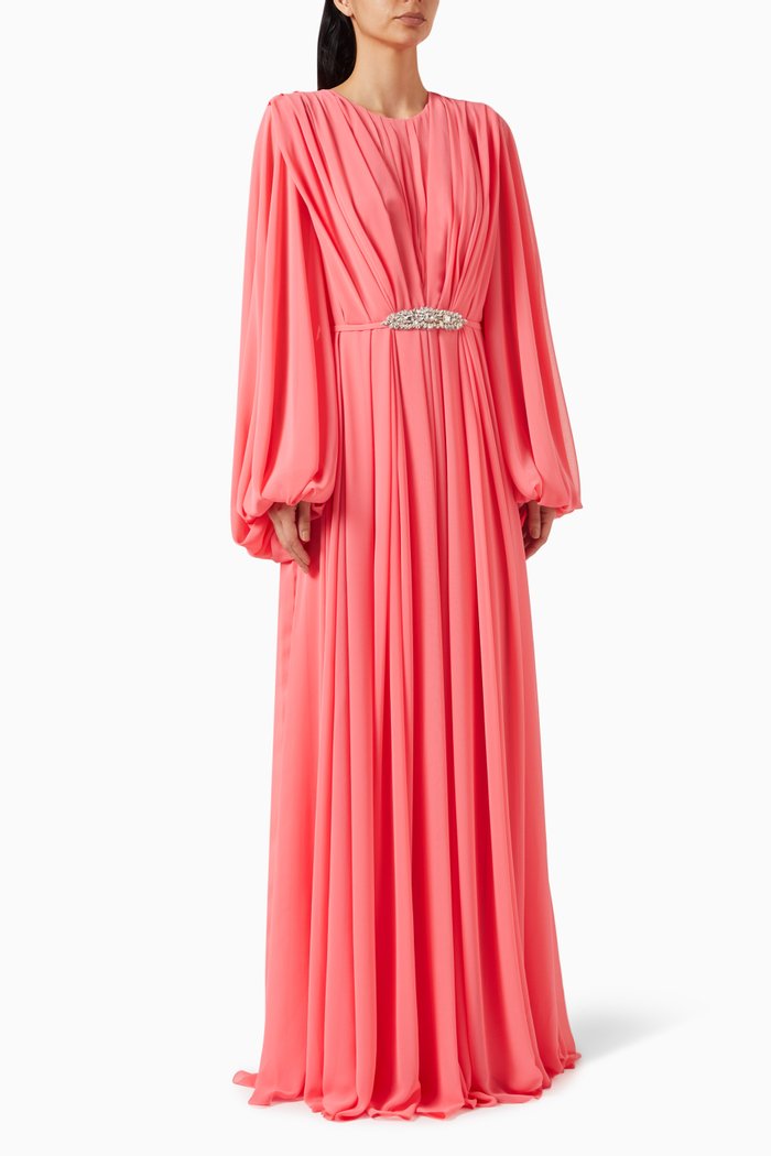 Runched Embellished Gown in Chiffon, Pink