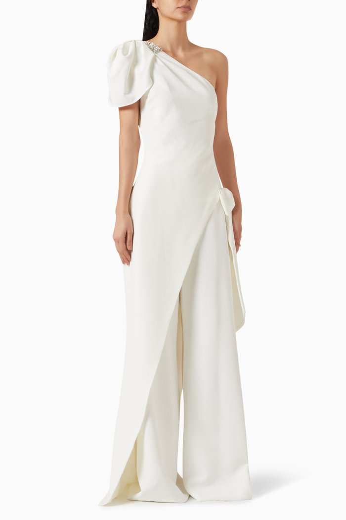 

Bead-embellished One Shoulder Top in Crepe, White