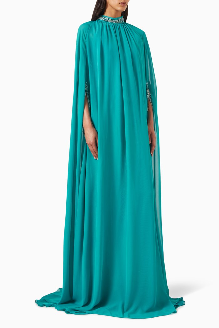 

Embellished Slit-sleeve Gown in Chiffon, Blue