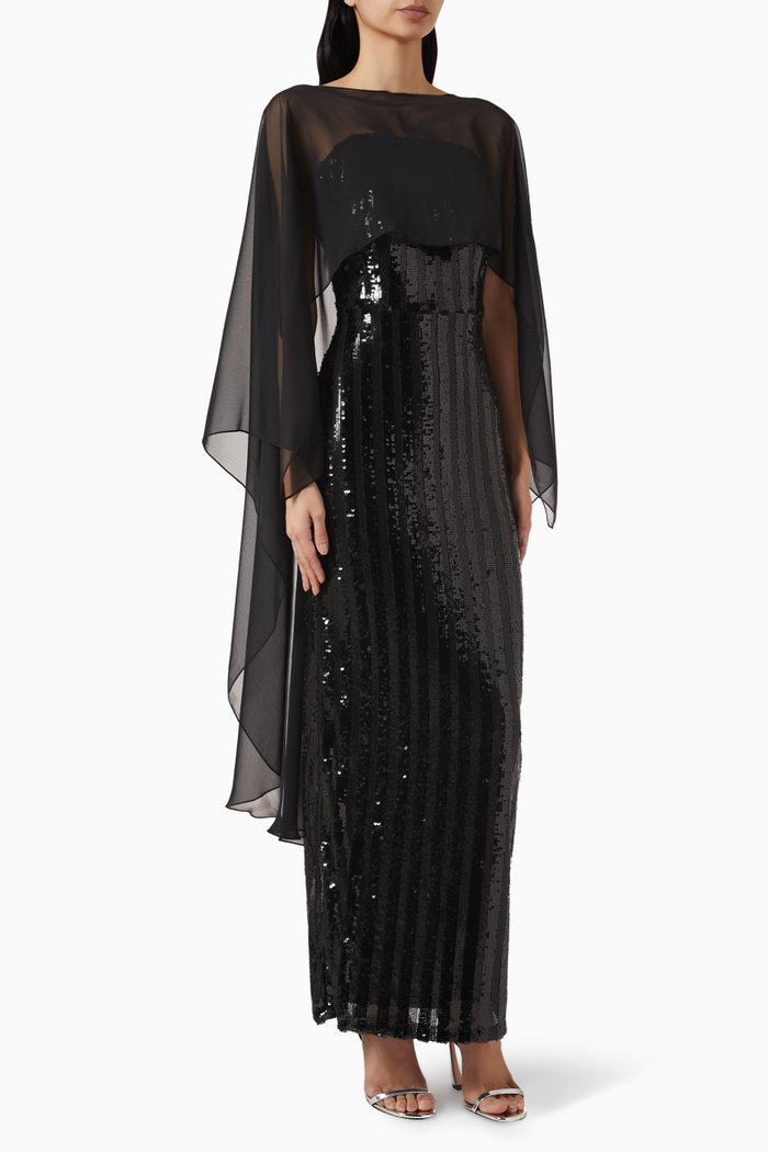

Sequin-embellished Cape Maxi Dress, Black