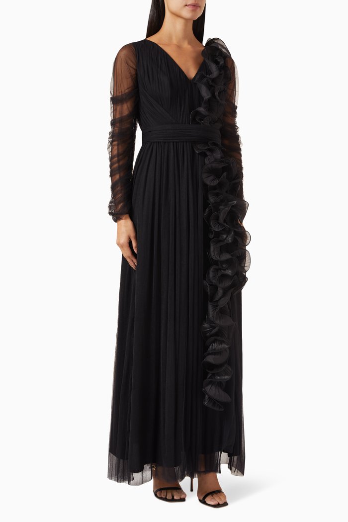 

Ruffled Maxi Dress in Tulle, Black