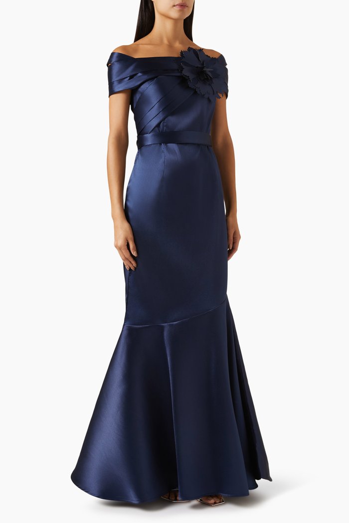 3D Floral Applique Maxi Dress in Satin, Blue