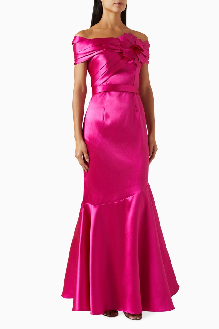 

3D Floral Applique Maxi Dress in Satin, Pink