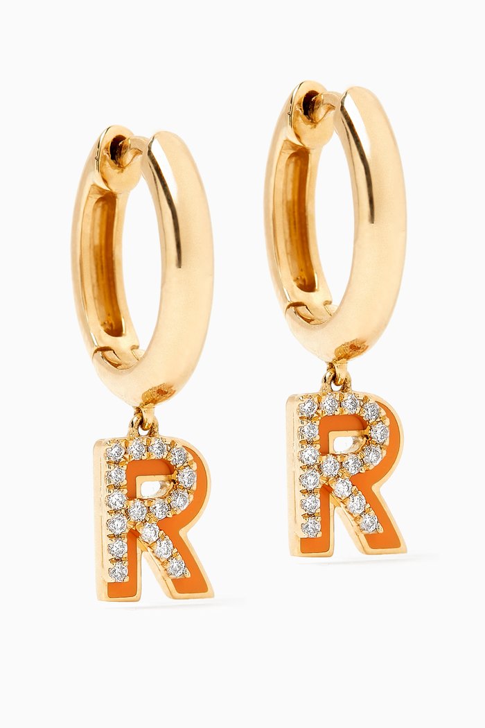 

Letter R Enamel Hoop Earrings in 18kt Yellow Gold, Orange
