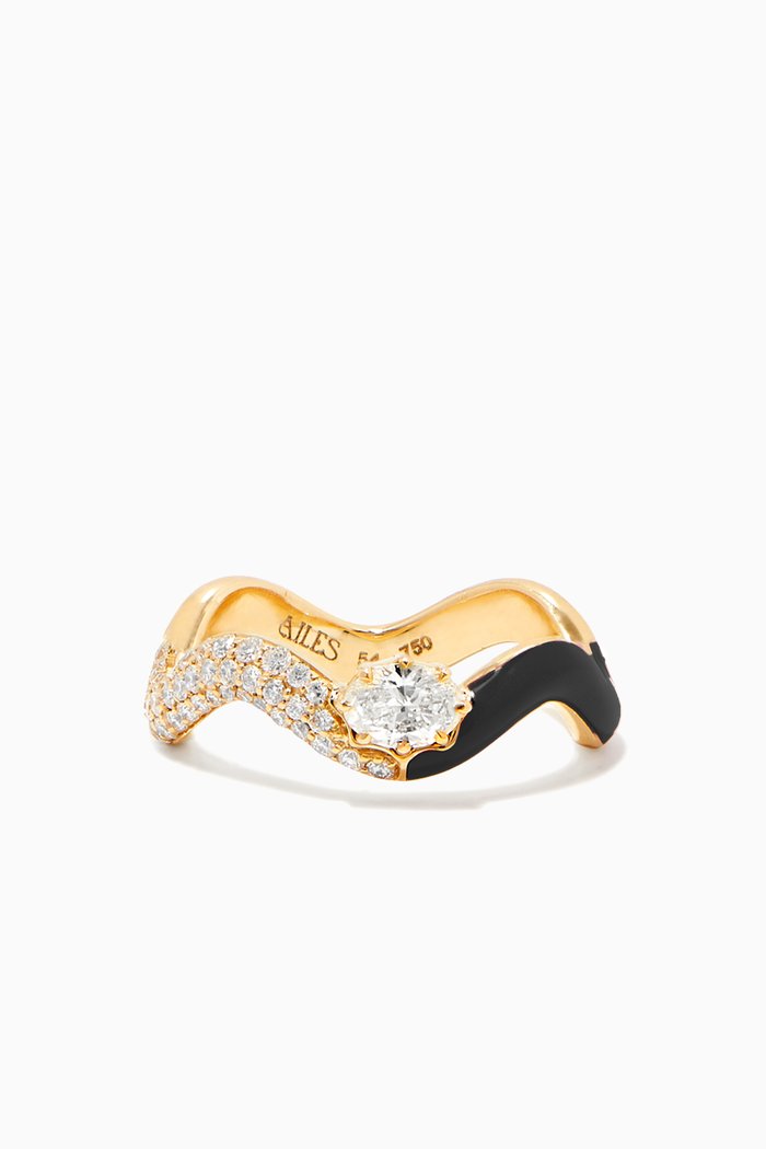 Chunky Wave Enamel & Diamond Ring in 18kt Yellow Gold, Black