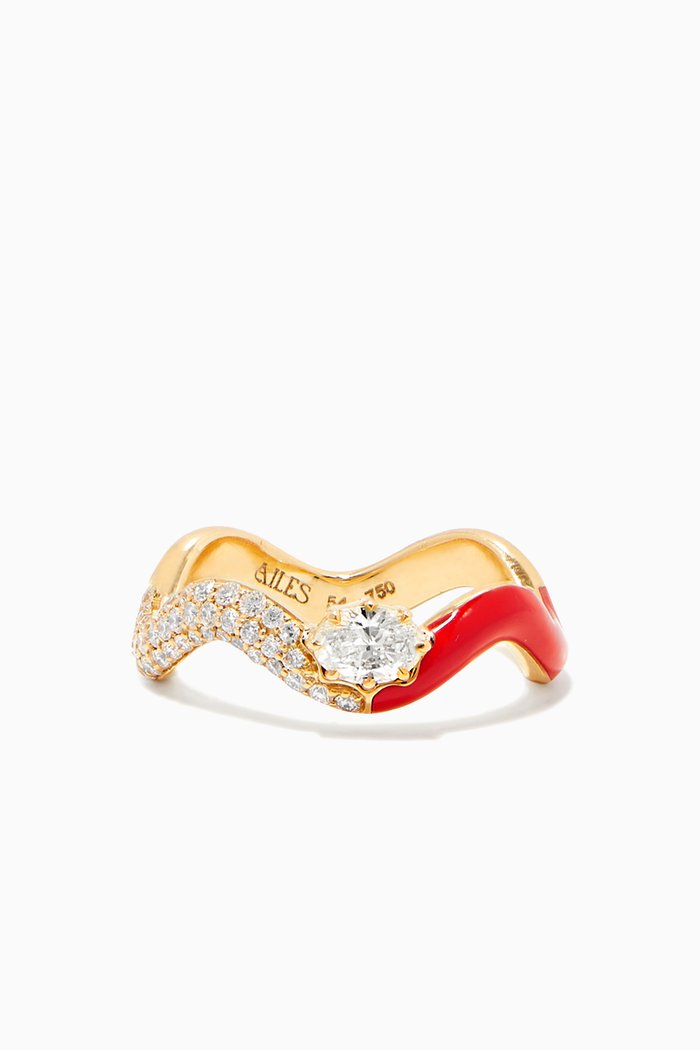 Chunky Wave Enamel & Diamond Ring in 18kt Yellow Gold, Red