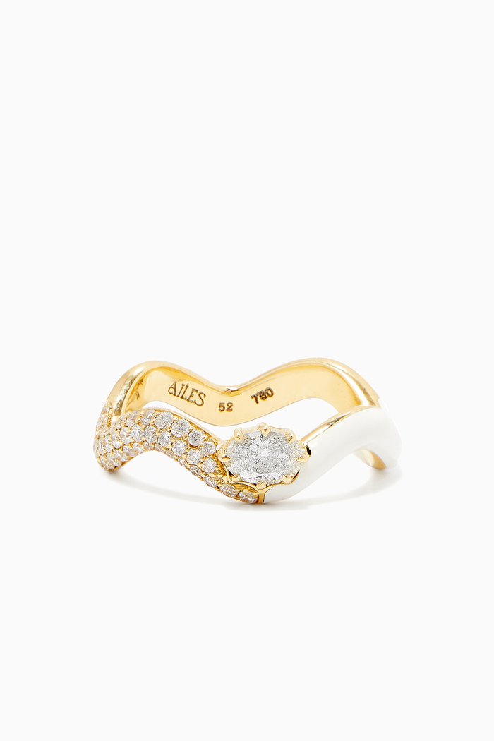 

Chunky Wave Enamel & Diamond Ring in 18kt Yellow Gold, White