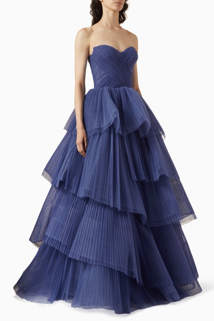 Jones Ruffled Gown in Tulle, Blue