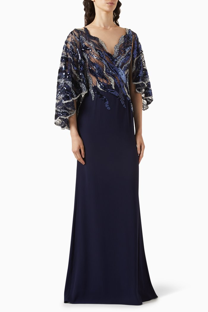 

Baylee Cape-sleeve Gown in Crepe, Blue