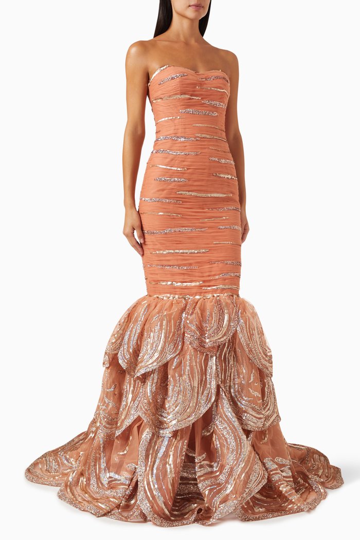 

Chaplin Embellished Mermaid Gown in Tulle, Brown