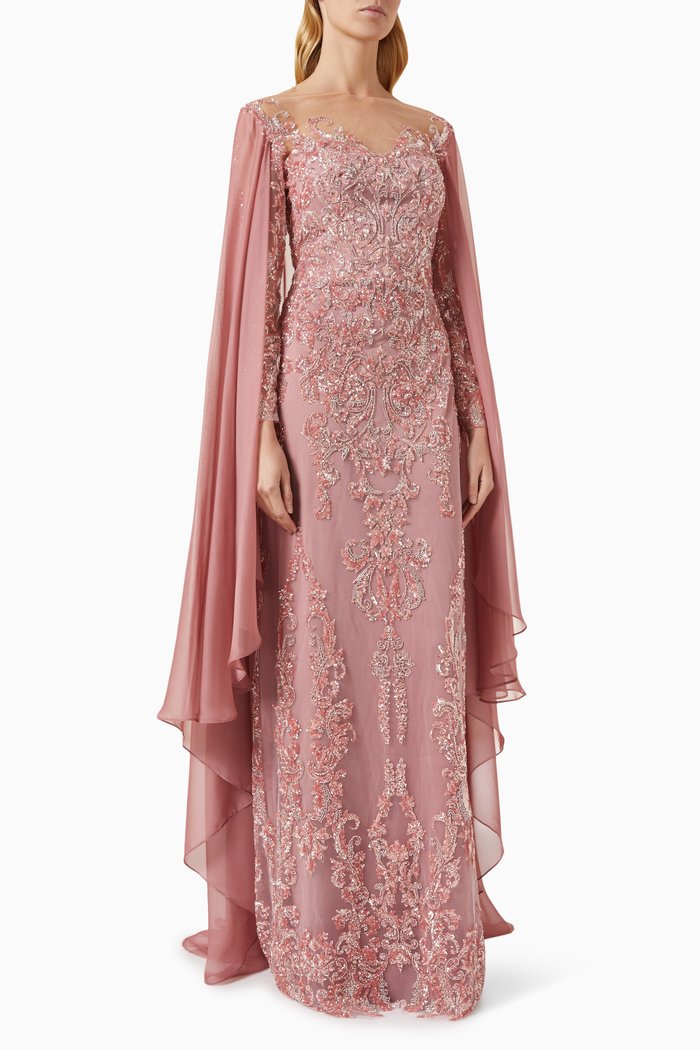 

Agnes Cape-sleeve Gown in Embroidered Fabric, Pink
