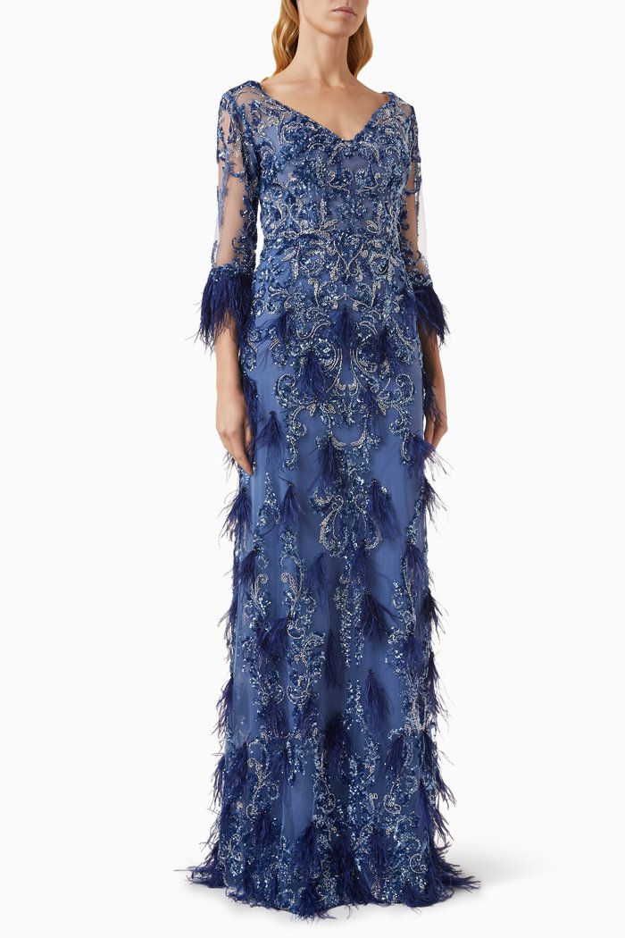 

Dimitra Feather-trim Gown in Embroidered Fabric, Blue