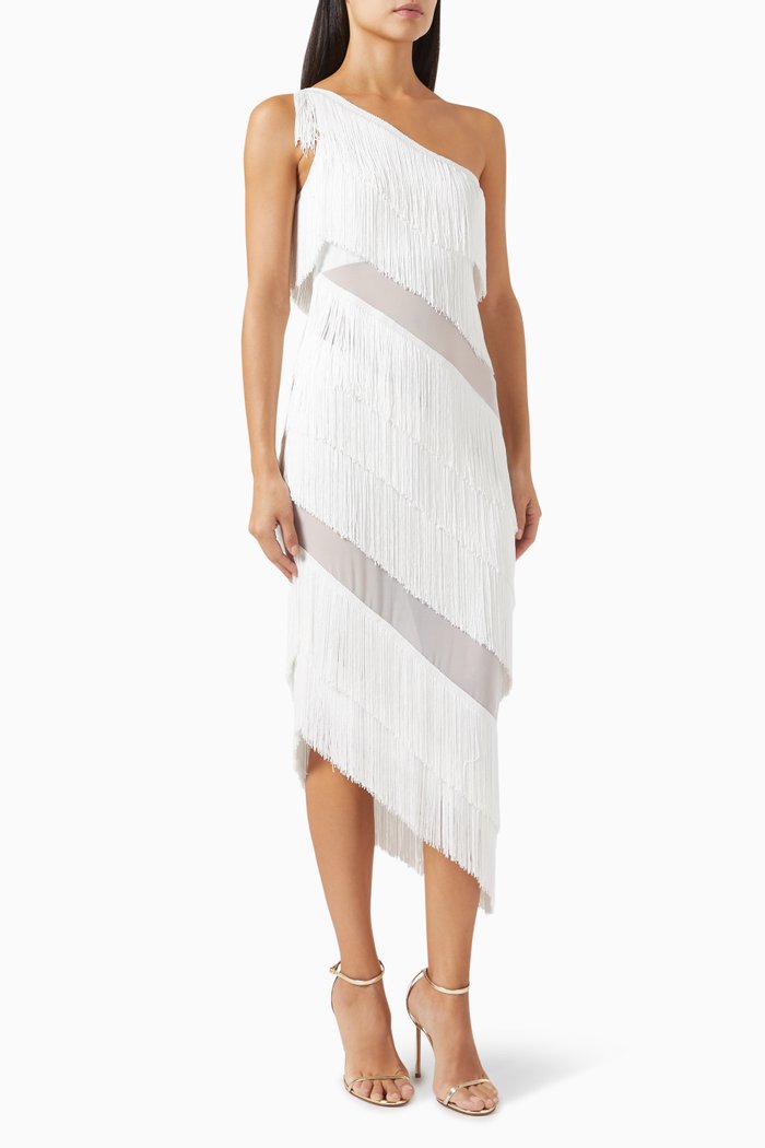 Spliced One-shoulder Fringe Dress, White