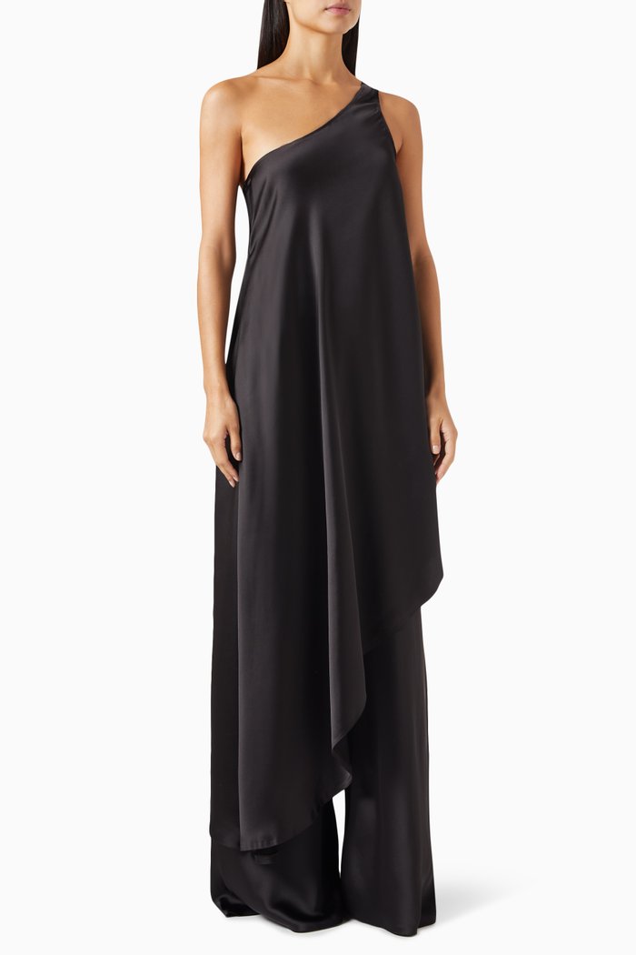 

One-shoulder Diagonal Tunic in Satin, Black