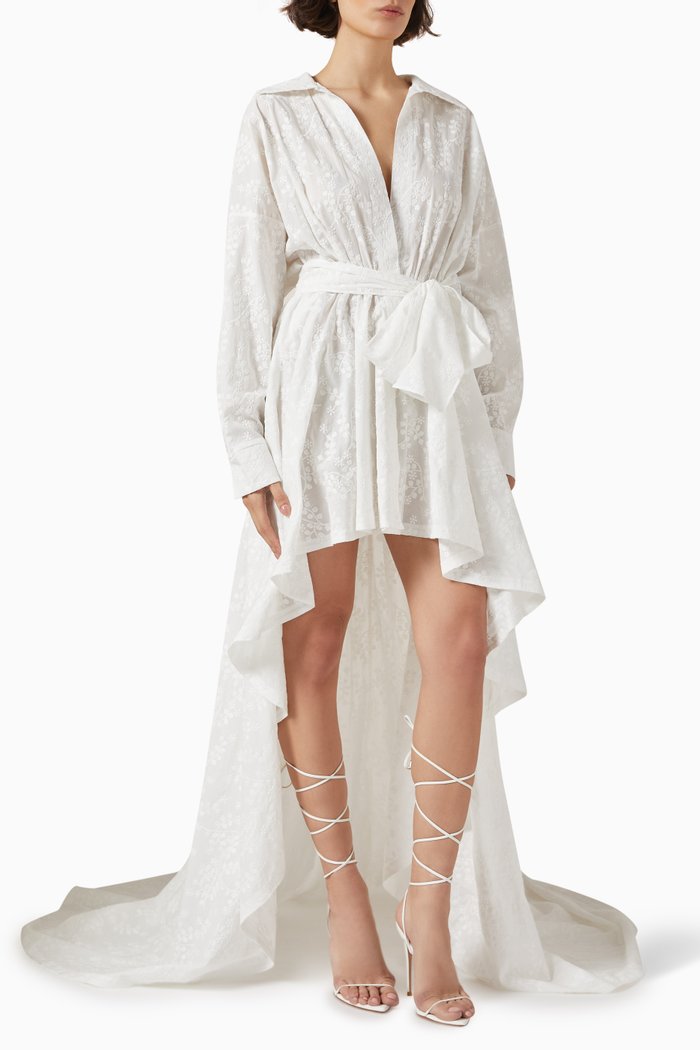 

Hi-low Shirt Flared Gown in Cotton, White