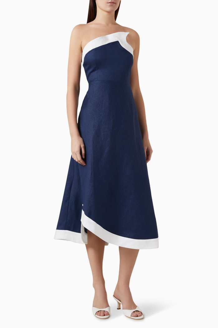 

Sirani Strapless Midi Dress in Linen, Blue