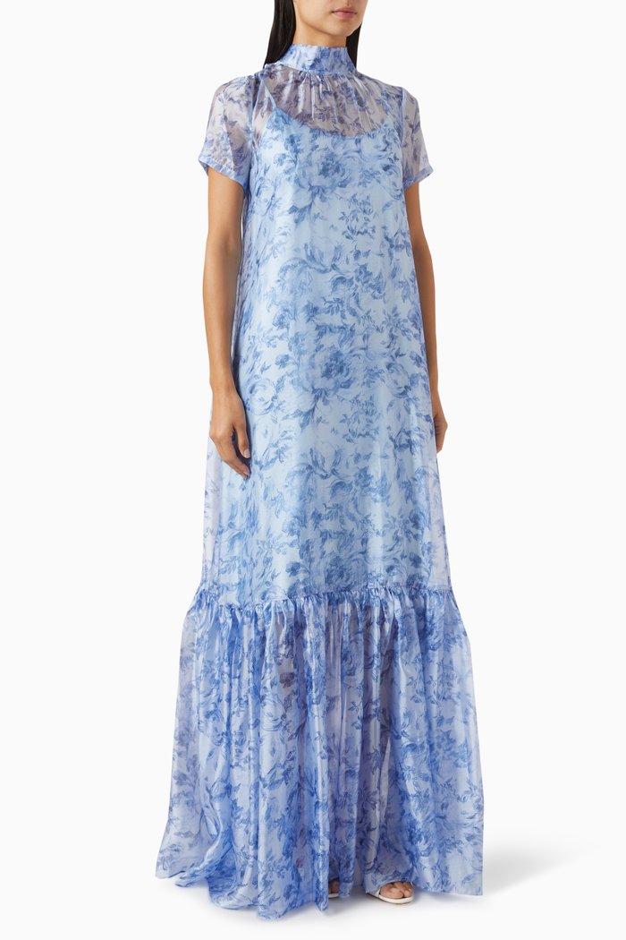 Calluna Floral-print Maxi Dress in Organza, Blue