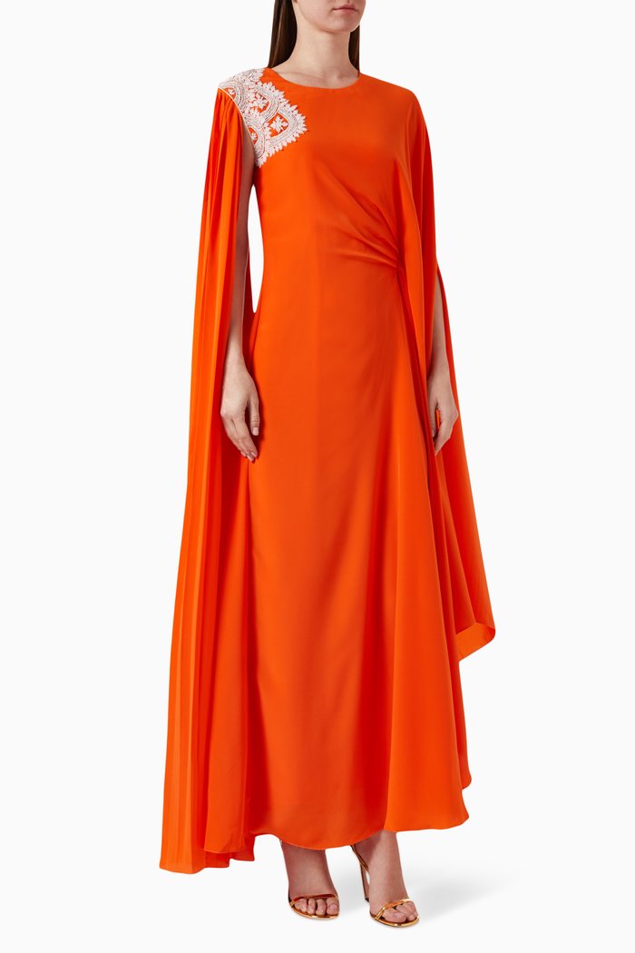 

Embroidered Cape Sleeves Kaftan in Crêpe, Orange