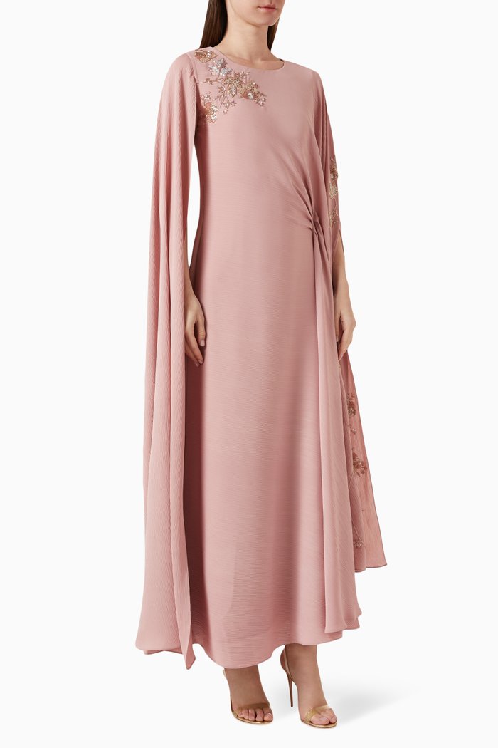 

Embroidered Cape Sleeved Kaftan in Crêpe, Pink