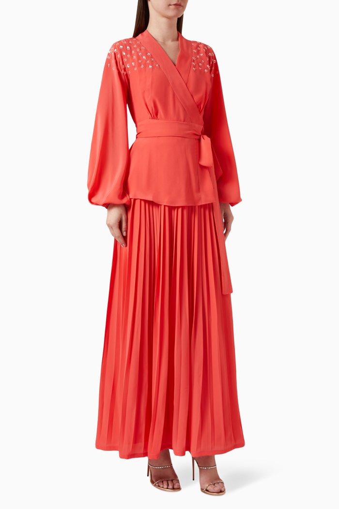 

Embroidered Puff Sleeve Wrap Top and Skirt, Orange