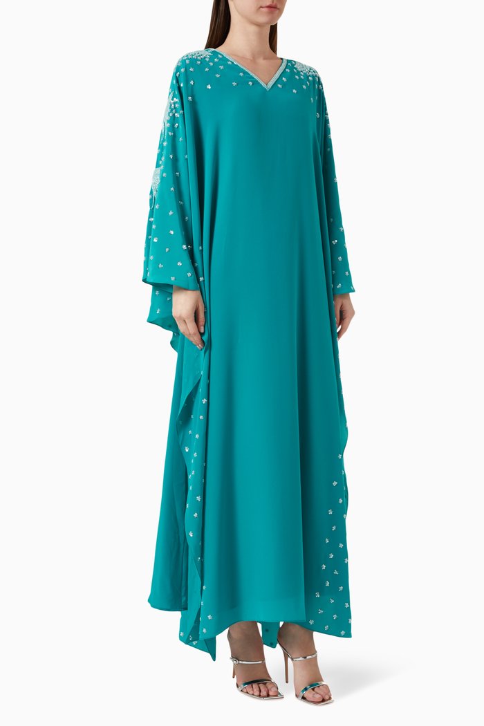 

V-Neck Embroidered Kaftan in Crêpe, Blue