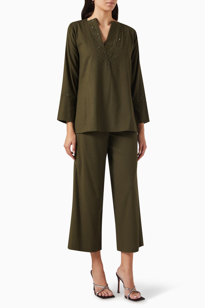 

Embellished Top & Pants Set, Green